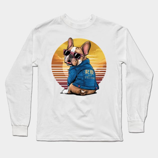 A vibrant vector illustration of a French Bulldog wearing sunglasses and a blue jean jacket, embodying a carefree(2) Long Sleeve T-Shirt by YolandaRoberts